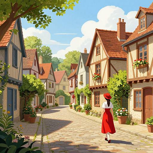 Digital painting of a sunny, cobblestone village street with half-timbered houses, potted flowers, and a girl in a red dress