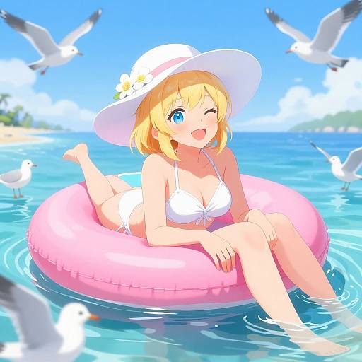 Smiling Blonde Anime Girl on Sea Float