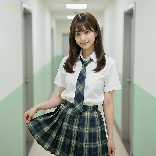 Cheerful Asian Student in Plaid Attire