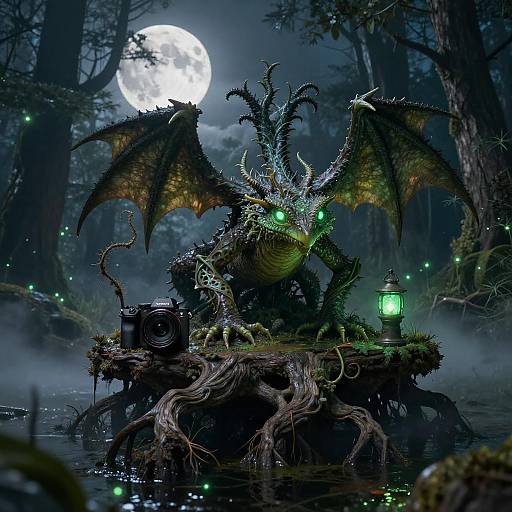 Mystical Basilisk Shaman in Moonlit Swamp