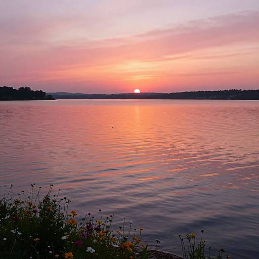 Photograph of a serene sunset over a calm lake, with vibrant pink, orange, and purple sky reflecting on the water. Silhouetted trees