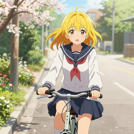 Anime-style digital drawing of a blonde girl with yellow eyes, wearing a white sailor uniform and red necktie, riding a bicycle on a sunny suburban street