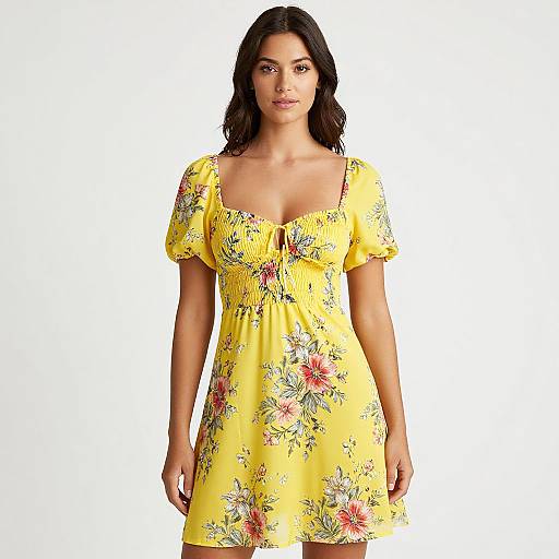Photograph of a woman with medium brown skin and dark wavy hair, wearing a yellow floral dress with puffed short sleeves, standing against a plain