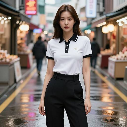 Photograph of an Asian woman with straight black hair, wearing a white polo shirt with black trim and high-waisted black pants, standing in a