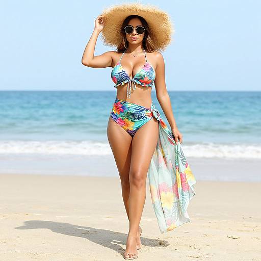 Photograph of a tan-skinned woman with long brown hair, wearing a colorful bikini, wide-brimmed straw hat, and sunglasses, walking on