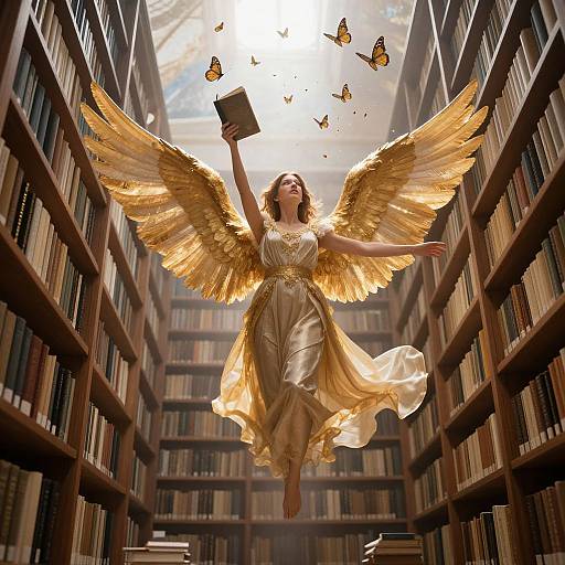 Digital artwork of an angelic woman with golden wings and dress, floating in a library, holding a book, surrounded by butterflies.