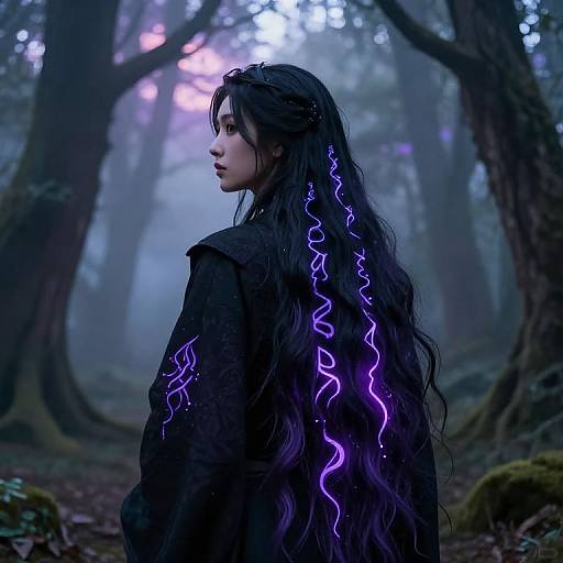 Digital fantasy artwork of a young woman with long, wavy black hair featuring glowing purple lightning patterns, standing in a misty, moonlit forest.