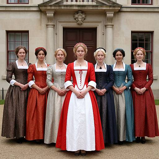 Photograph of six women in Victorian-style dresses standing in front of a classical stone building, each wearing a different colored dress. Central woman in red and