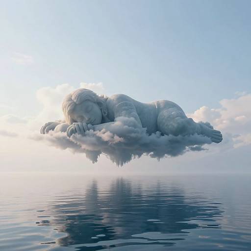 Digital artwork of a fluffy, white, sleeping lion floating on a cloud above calm, reflective water under a clear blue sky.