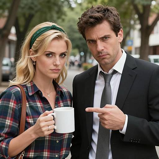 Serious couple with white mug outdoors