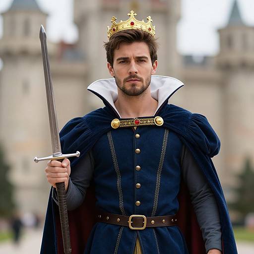 Photograph of a handsome bearded man in a royal blue medieval outfit with gold crown, holding a sword, standing before a blurred castle.