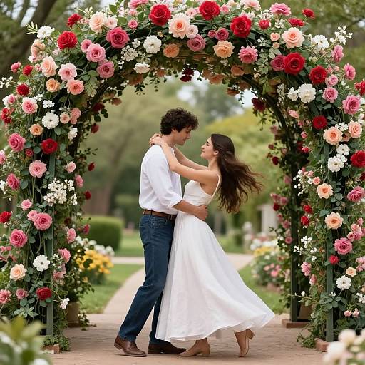 Photograph of a couple dancing under a floral archway, surrounded by red, pink, and white roses, in a lush garden. She wears a