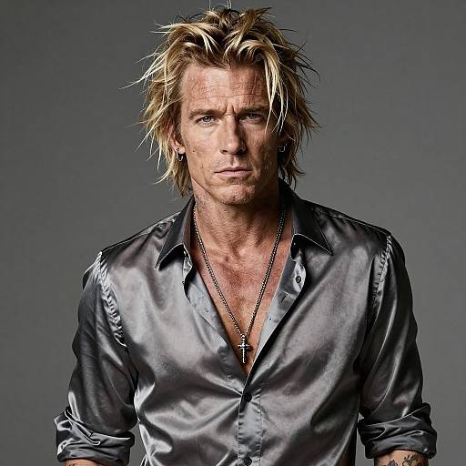 Photograph of a rugged, blonde-haired man with spiky hair, wearing a shiny black satin shirt, and a cross necklace, against a gray background