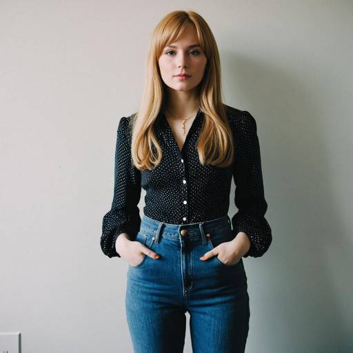 Young Woman in Vintage Blouse and High-Waisted Jeans