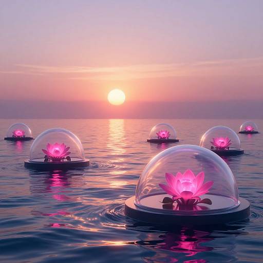 Photograph of seven glass-domed floats with glowing pink lotus flowers on calm water, reflecting sunset hues in the background.