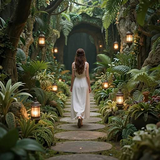 Photograph: Woman with long brown hair in white dress walks down lush, lantern-lit garden path, surrounded by greenery and stone steps.