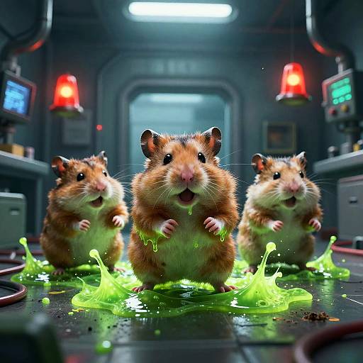 Photorealistic CGI of three alarmed hamsters standing in a glowing green slime puddle inside a futuristic, dimly-lit control room.