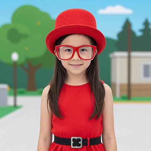 Photograph of a young Asian girl with long black hair, wearing a bright red dress, matching red hat, and oversized red glasses, standing outdoors in