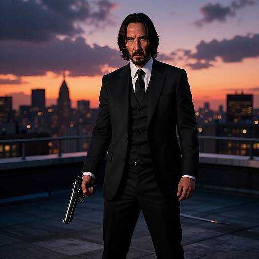 Photograph of a bearded man with shoulder-length black hair, wearing a black suit, white shirt, and black tie, holding a gun, standing