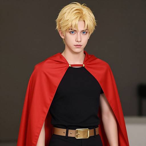 Digital art of a blonde, blue-eyed male superhero with a red cape, black shirt, and brown belt, standing against a dark background.