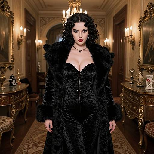 Photograph of a pale-skinned woman with black curly hair, wearing a black velvet dress and fur coat, standing in an ornate, dimly