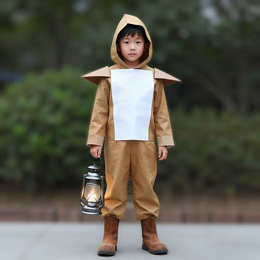 Photograph of an Asian child in a brown hooded costume with white chest panel, holding a lantern, standing outdoors.