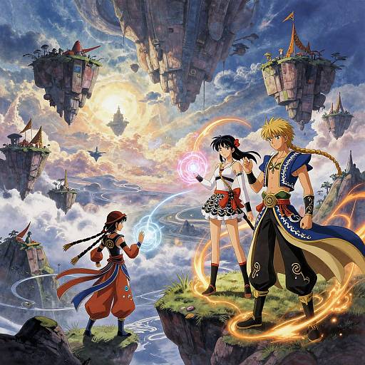 Fantasy battle scene: three anime characters with magical powers fight on a cliff, surrounded by floating islands and a radiant sky.