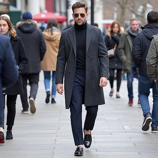 Photograph of a stylish man in a dark gray overcoat, black turtleneck, black pants, and sunglasses, walking confidently through a bustling city