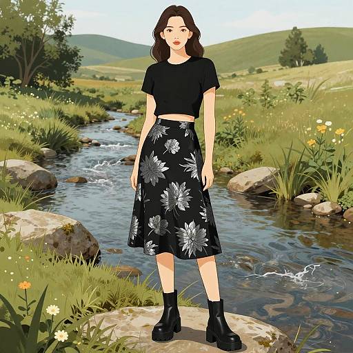 Digital illustration of a young woman with fair skin and dark brown hair, wearing a black crop top and floral skirt, standing by a flowing creek in a