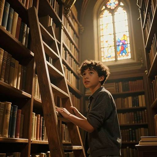 Photograph of a young boy with curly brown hair, wearing a dark shirt, climbing a wooden ladder in a dimly lit, vintage library with stained