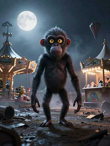 CGI image of a large, dark-furred, yellow-eyed monkey standing in a moonlit carnival with carnival lights, debris on the ground, and