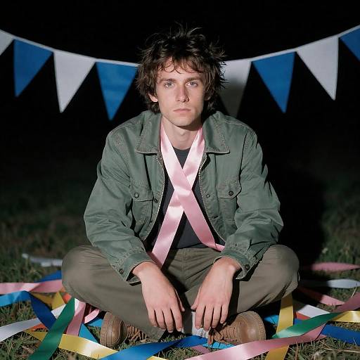 Serious Man Surrounded by Colorful Ribbons