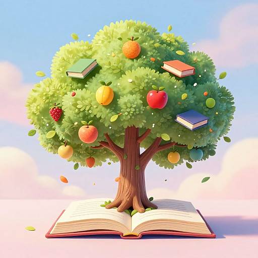 Digital illustration of a lush, green tree with apples, books, and leaves emerging from an open book against a bright blue sky.