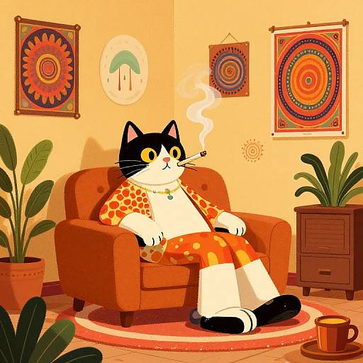 Cartoon-style cat in orange polka-dot pajamas lounges on brown armchair, smoking pipe, surrounded by colorful abstract art and potted plants