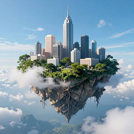 Digital artwork of a futuristic cityscape floating on a cloud island with lush greenery, tall skyscrapers, and a central spire.