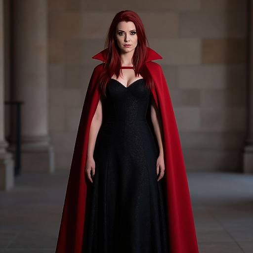 Photograph of a pale-skinned woman with long red hair, wearing a black lace dress and a red cape, standing in a dimly lit stone