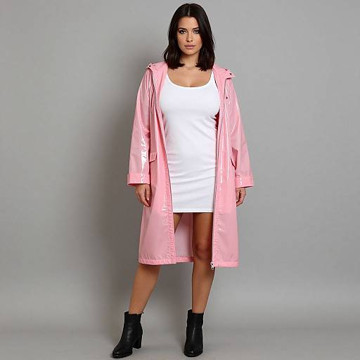 Photograph of a dark-haired woman in a white tank top, pink trench coat, and black ankle boots, standing against a plain gray background.