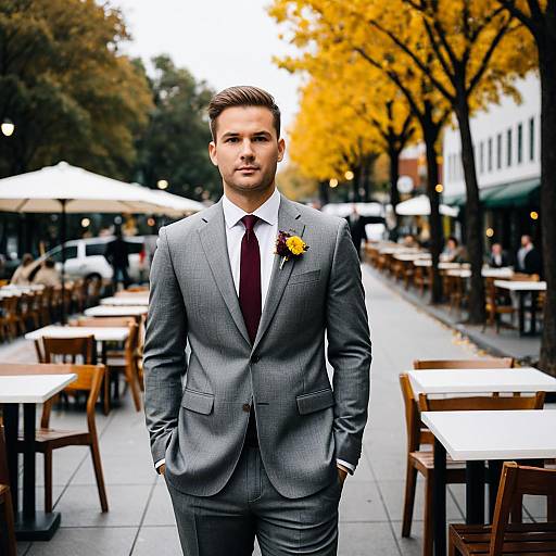 Handsome Man in Gray Wedding Suit Outdoors