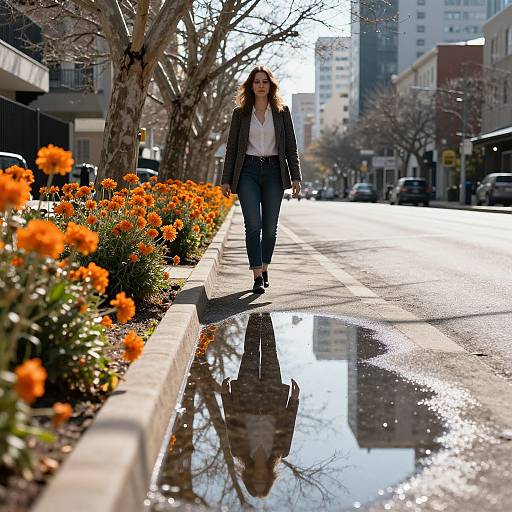 Photograph of a woman with long brown hair, wearing a black blazer, white blouse, and blue jeans, walking on a sunlit, wet