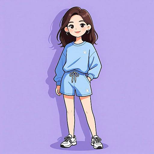 Digital anime-style drawing of a cute young girl with brown hair, wearing a light blue sweatshirt and shorts, white sneakers, standing against a solid purple