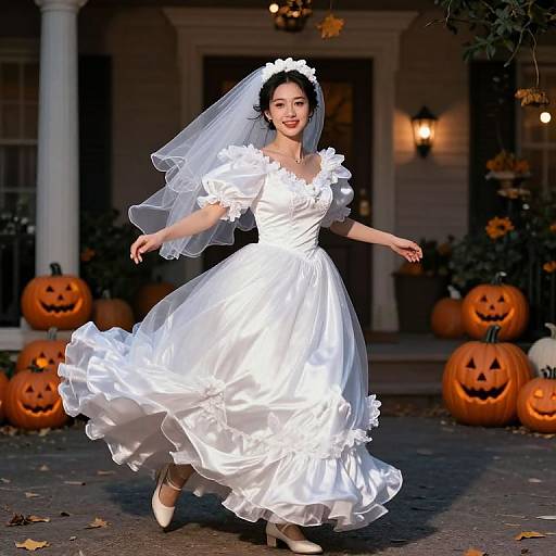 Photograph of a smiling Asian bride in a flowing white wedding dress and veil, dancing in front of carved pumpkins and a house at night.
