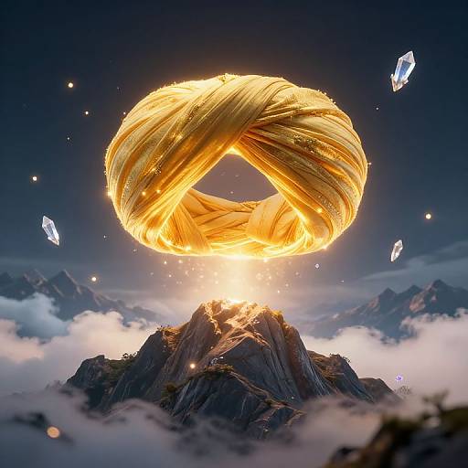 CGI artwork of a glowing, golden, swirling ring hovering above a snow-capped mountain peak, surrounded by floating crystal shards and clouds.