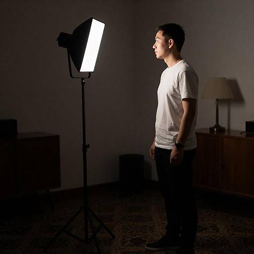 Dimly Lit Room with Stylish Man