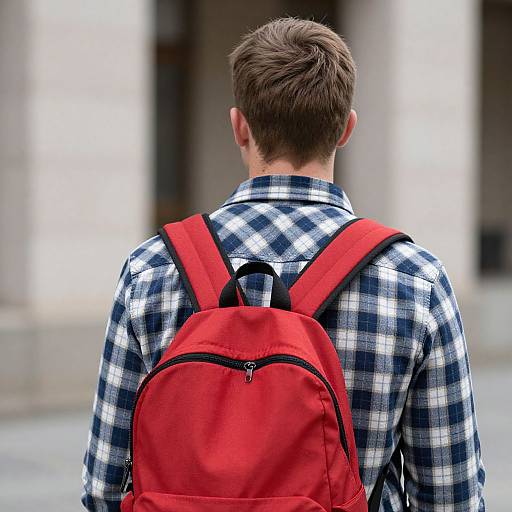 Photograph of a man with short brown hair, wearing a blue and white plaid shirt, red backpack, standing with his back to the camera in