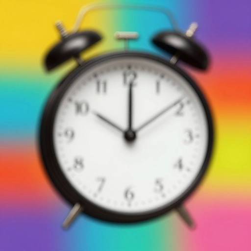 Photograph of a black, twin-bell alarm clock with white face and black numbers, set to 11:55, against a vibrant rainbow gradient