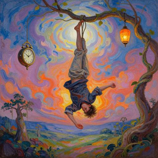 Whimsical painting of a child hanging upside down from a tree, surrounded by vibrant swirling colors, a glowing lantern, and a clock, under a