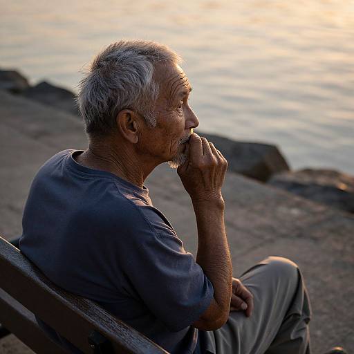 Photograph of an elderly man with gray hair and beard, wearing a blue shirt and gray pants, sitting on a bench by the sea, lighting a