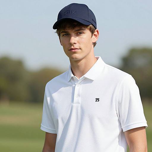 Photograph of a young, fair-skinned male golfer with brown hair, wearing a navy cap and white polo shirt with a small 