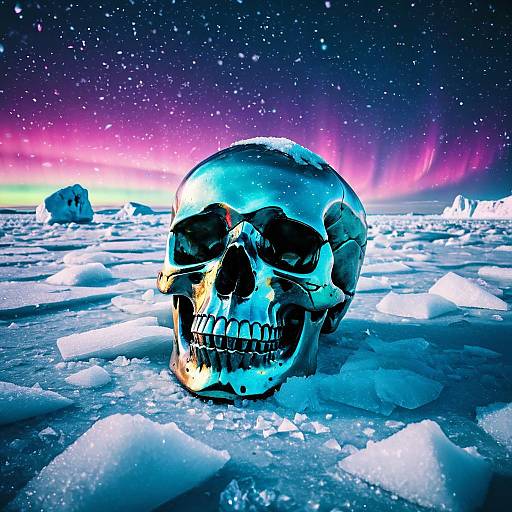 Iridescent Crystal Skull on Arctic Ice with Aurora Borealis