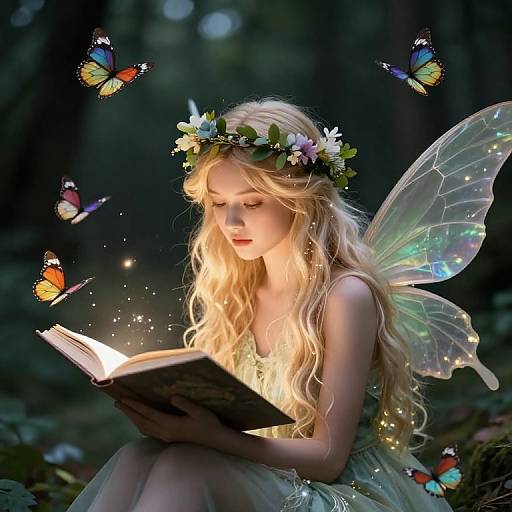 Enchanted Fairy Reading in Forest